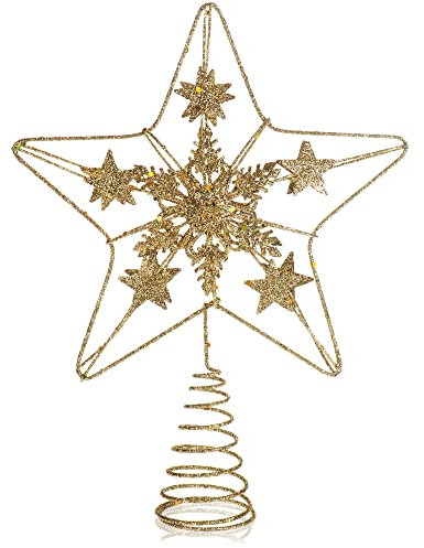 COM-FOUR® Deko Stern Weihnachten - Weihnachtsdekoration Stern aus Metall - Aufsteller Weihnachtsstern mit Glitzer und Paillette - Goldfarbene Weihnachtsbaumspitze (goldfarben/24.5cm)