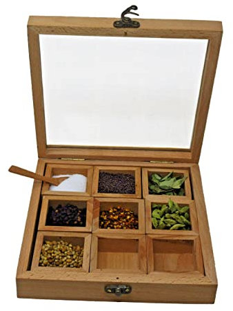 VG® Premium Acacia Wooden Square 20cm Multipurpose Utility Table TopSpice Masala Dabba Box, Glass Lid & Spoon Kitchen & Dry Fruit Box I Jewellery I Handcrafted contains 9 removable compartments