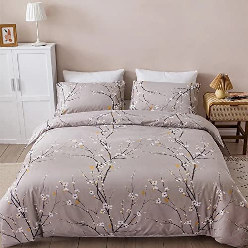 Fleurie 3D Imprimée 1 x Housse de Couette 220x240 cm + 2 Taies d'oreiller 50x75 cm pour 2 Personnes Enfant Adulte Linge Branche d’Arbre Réversible Sets Parure Lit Fermeture Éclair Grise Beige