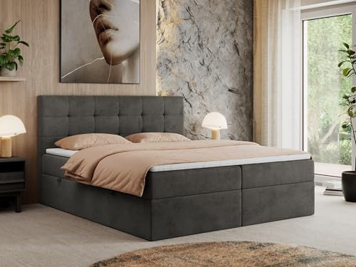 MKS MEBLE Boxspringbett 140x200 Mit Bettkasten, Matratze H3 und Topper - Polsterbett Mit Stauraum - Centos - Grau Velvet