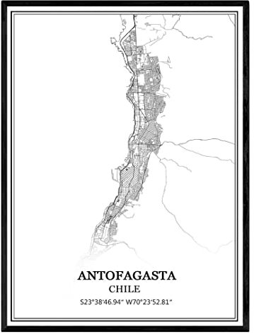Antofagasta Chile Karte, Wandkunst, Leinwanddruck, Poster, Kunstwerk, ungerahmt, moderne Schwarz-Weiß-Karte, Souvenir, Geschenk, Heimdekoration, 40,6 x 50,8 cm
