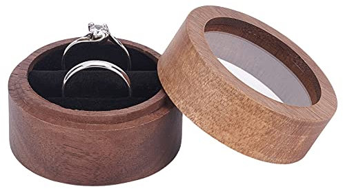 FINGERINSPIRE Walnuss Holz Ring Box (Kaffee 5x3.6cm) Runde Samt Ring Schachtel Ehering Box mit klarem Fenster, Schmuck Ring Box mit 2 Slots Schwarz Samt für Vorschlag, Verlobung, Geburtstag, Hochzeit