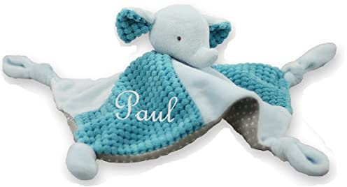 Wuff-Dogsworld Baby Kuscheltuch VIELE Modelle mit Namen Bestickt Geschenk Taufe Geburt Schmusetuch Schnuffeltuch Trösterchen Junge Mädchen (Elefant türkis)