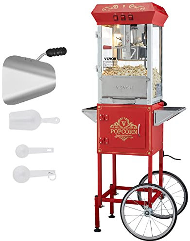 VEVOR Commercial Popcorn Machine, 8 Oz Kettle, 850 W Popcorn Maker on Wheels for 48 Cups per Batch, Theater Style Popper with 3-Switch Control Steel Frame Tempered Glass Doors Cart 1 Scoop 2 Spoons