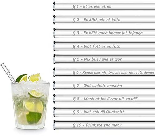 HALM Köln Karneval Glasstrohalme Lustige Fasching Sprüche | 6x 15 cm kurz Strohhalme Köln Karneval Geschenkset mit gravierten Sprüchen | Cocktail Set Kölle Alaaf