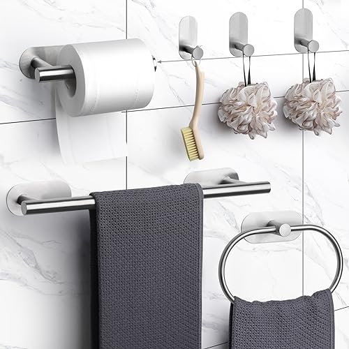 JiGiU 6 Piezas Toalleros de Baño sin Taladro 40cm Juego de Accesorios de Baño 304 Acero Inoxidable Toalleros Autoadhesivos Impermeables Gancos para Dormitorio, Baño, Cocina-Plata
