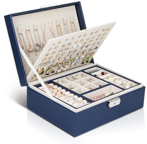 YONZONE Jewellery Box Organiser for Women Girls Ladies, Large Jewellery Case Holder for Earrings Rings Bracelets Necklace, 3 Layer PU Leather Lockable Jewelry Boxes Storage with Removable Tray, Blue