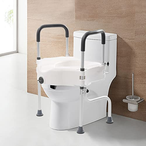 Toilettensitzerhöhung Sicherheitsrahmen mit Armlehnen 11cm, WC Sitzerhöhung, Toilettenaufsatz, Erhöhter Toilettensitz, für Ältere hohen Toilettensitz 150Kg, Sitzerhöhung Toilette Erwachsene Weiß