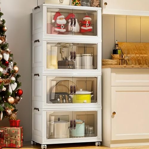 Large Storage Box With Lids - Collapsible Bins, Plastic Foldable Boxes With Wheels, 41L Stackable Drawers 49*30*28cm for Bedroom, Living Room, Office (4 Layer)