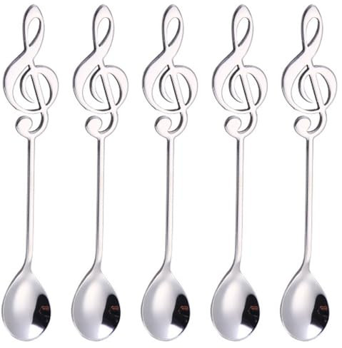OAAO 5-Piece Musical Note Coffee Spoons, Stainless Steel Dessert Spoon Set, Modern Design, Suitable for Restaurant Cafe Tableware