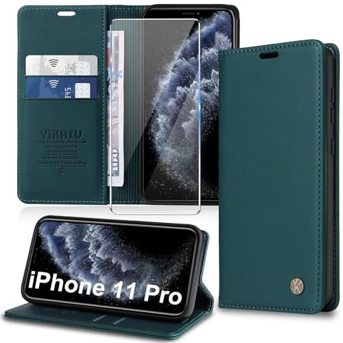 Migexxkj Handyhülle für iPhone 11 Pro Hülle [mit Schutzfolie][Premium PU Leder] Klapphülle Kartenfach Magnetic Ständer Flip Case Cover Etui Tasche Schutzhülle für iPhone 11 Pro 5.8“ (Green)
