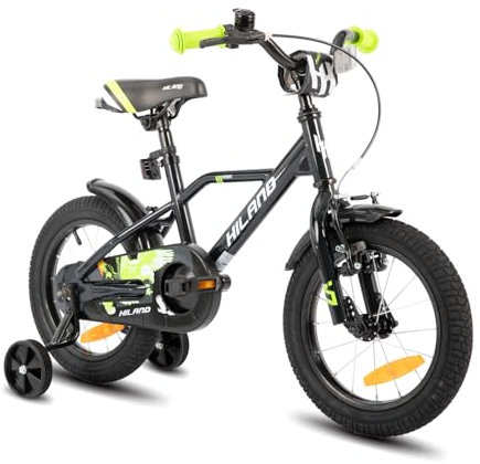 HILAND 16 Zoll Kinderfahrrad für Jungen 3 4 5 6 Jahre mit Stützrädern, Handbremse und Rücktrittbremse Schwarz/Grün