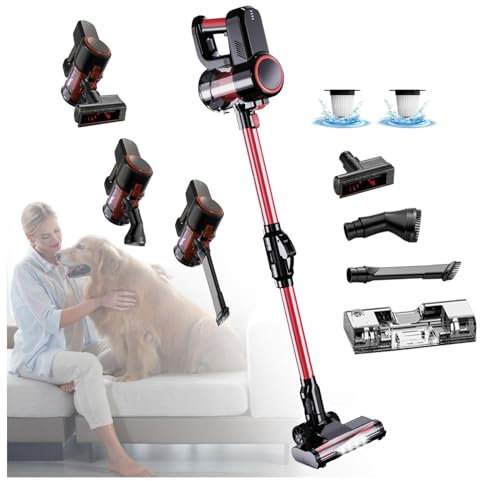 MeLtor Escoba Aspiradora Sin Cable 5 in 1 Menor Ruido,Luces LED,Depósito 200 Ml, Escoba Electrica Sin Cable Fregona Electrica para Mascotas/Alfombras/Coche/Suelos Duros/Cama