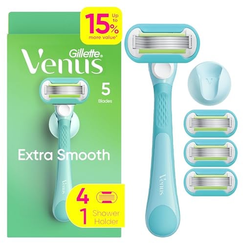 Gillette Venus Extra Smooth Razor for Women, Includes 1 Reusable Razor Handle + 4 Refills, 5-Bladed, Ergonomic No-Slip Gel Handle and Shower Holder