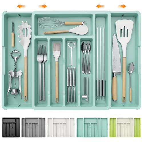 iDavosic.ly Besteckkasten für Schubladen, Erweiterbarer Besteckeinsatz für Schubladen Cutlery 0rganizer Küche, Verstellbarer Besteckhalter Besteck Spoon Gabeln Kunststoff Messer, Blau