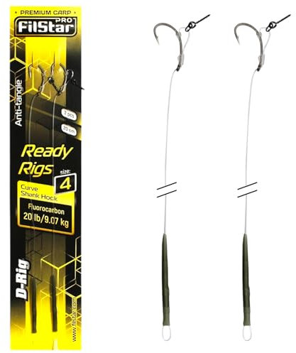 PRO FILSTAR Karpfenangeln D-Rig Angelhaken N4, Fluorocarbon Vorfach 20cm 9kg, Аnti Тangle Sleeve - Curve Shank Hook - Needle - Pop Up Angel Köder - Boilies Haar Rig - Karpfen Angeln Zubehör – Fishing