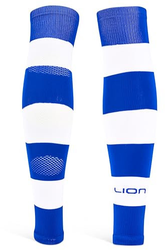 Performance Football Sock Sleeves - Premium LION BREATHE Technology - Breathable Mesh To Reduce Pressure On Calf Muscles (UK, Alpha, L, Blue/White)