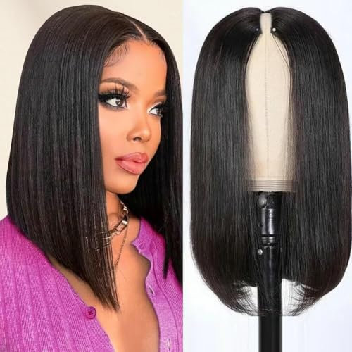 10 Zoll Bob Wig Echthaar V Part Perücke - Glattes Human Hair für Frauen, Upgrade Glueless Ready To Go, 180% Dichte