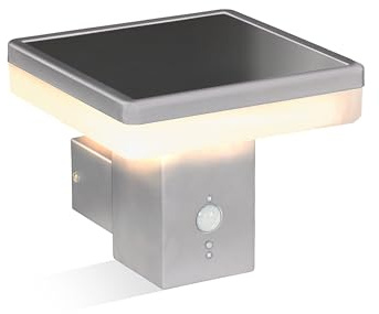 Esotec Solar Wandleuchte Außenwandleuchte Balou CCT Bewegungsmelder 102933 | Solar Wandleuchte 20x22,5x17cm, Edelstahl, PIR 90°/6-8m, CCT 3000/4500/6000K, 100/700/1000lm, 9Std, LiFePO4 Akku wechselbar