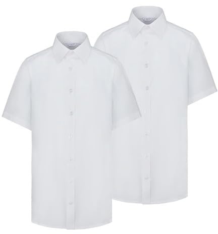 Trutex Basics 2 Pack White Short Sleeve School Shirts Boys (3-16+ Years). Regular Fit White Shirts for Boys, Easy Iron Boys White Shirts, Button Down White Shirt Boys - Genuine School Uniform