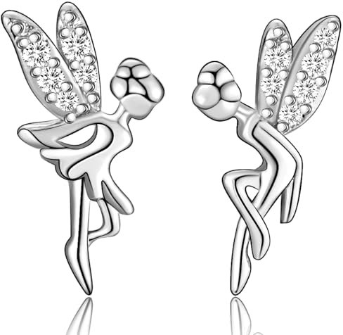 WOVEE Mädchen Ohrringe 10mm Klein Elfen Feen Figuren Fairy Engel mit Flügeln Asymmetrische Ohrstecker 925 Silber AAA Zirkonia Geschenke für Mädchen