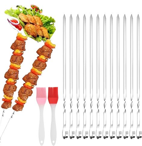 Grillspieße Edelstahl,20 Stück BBQ-Grillspieße aus Rostfreiem + 2 Bürsten,30cm Schaschlikspieße Wiederverwendbare Grill Kabob,grillspieße-aus Rostfreiem für Lagerfeuer Oder Grillschale