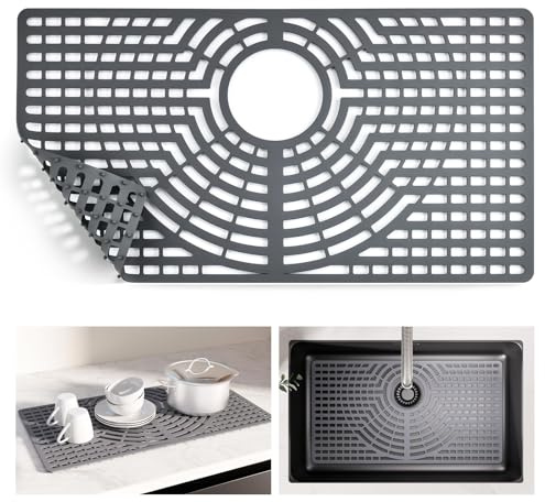Snuggery Silicone Sink Protector 26“x14 Rear Drain Hole, Heat Resistant Non-Slip Dishwasher Suitable, Large Sink Mat for Bottom of Farmhouse Kitchen Stainless Steel Sinks(Grey