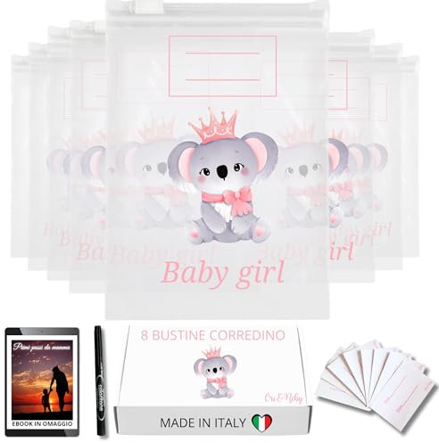 8 bustine corredino neonato ospedale 100% Made in italy - EBOOK IN OMAGGIO - I tuoi sacchetti nascita bimbo - sacchetti nascita bimba(38x25cm)