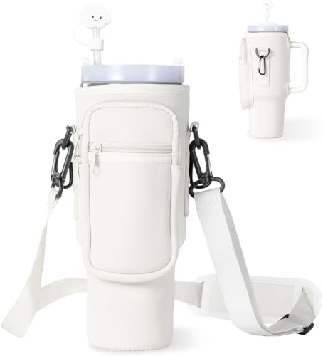dabria Water Bottle Carrier Bag with Phone Pocket for Stanley 40/30 oz Tumbler Neoprene Water Bottle Holder Pouch with Adjustable Strap Bollus with Straw Cover & Carabiner for Stanley Cup Accessories