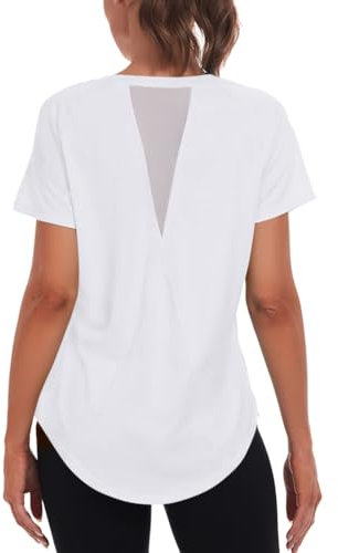 Jlowesun Women's Long Yoga Gym Tops, Sprots Running Exercise T-Shirt Short Sleeve Back Mesh Workout Loose Fit Summer Quick Dry Fitness Activewear Athletic Tee for Ladies White
