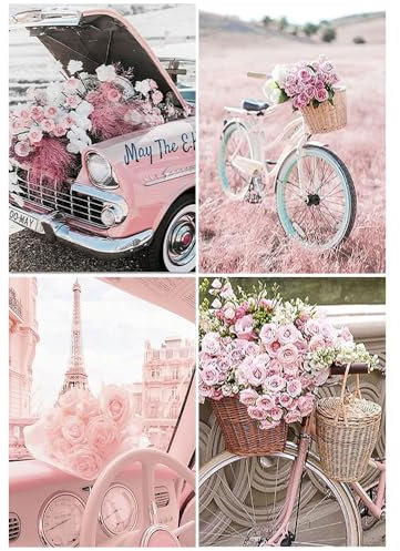 DCIDBEI Lot de 4 Peintures Diamant Fleurs Rose 30x40 cm Diamond Painting Roses Adultes avec vélo Peinture Diamant pour Adultes Fleurs Roses en Bicyclette Peinture par numéros de Fleurs Voiture