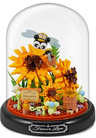 Mini Animals Flower Building Set - 588 Pcs Butterflies Bees Flowers Animals Building Blocks with Transparent Cover, Garden Den Block Kit for Adults Kids Christmas Home Decoration Gifts,Bee