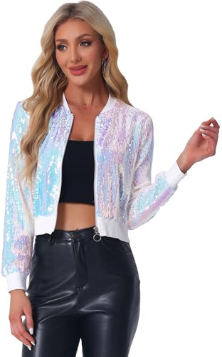Allegra K Damen Pailletten Bomberjacke | Langarm Glitzer Party Jacke