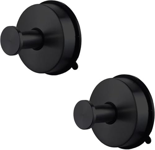 YUET 2 Pcs Suction Hooks, Vacuum Suction Cup Hook, Metal Towel Coat Hooks Robe Hook SUS 304 Stainless Steel Heavy Duty Door Hanger Clothes Closet Sponges Holder for Bathroom (Black)