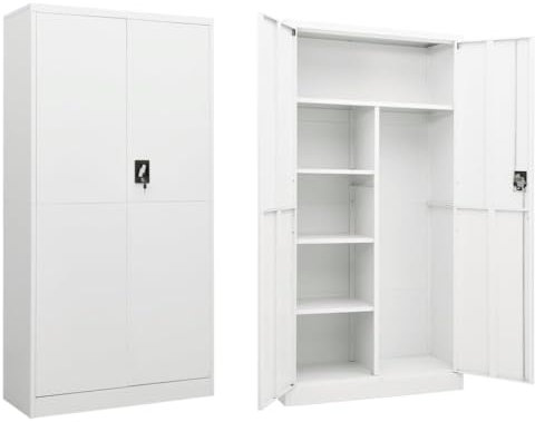 Makastle Armoire de Rangement Metal Armoire de Bureau avec 2 Portes verrouillables et 4 Étagères, Meuble Classeur, Métallique Placard pour Rangement Dossier, Blanc 90x40x180 cm