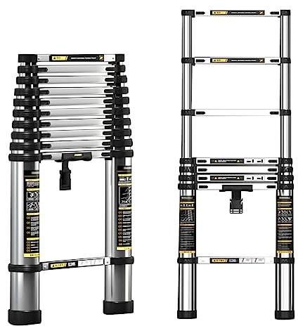 Telescopic Ladder with Safety Lock Extendable Folding Loft Ladder for Indoor and Outdoor Use Anti Slip Stainless Steel Extension with 330lb Capacity