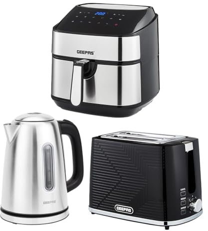 Geepas 1.7L Illuminating Electric Kettle 2 Slice Bread Toaster & 7.5L Digital Air Fryer Combo Kitchen Set | 2200W Stainless Steel Cordless Jug Kettle | 900W Toaster | Oil Free Toaster Oven