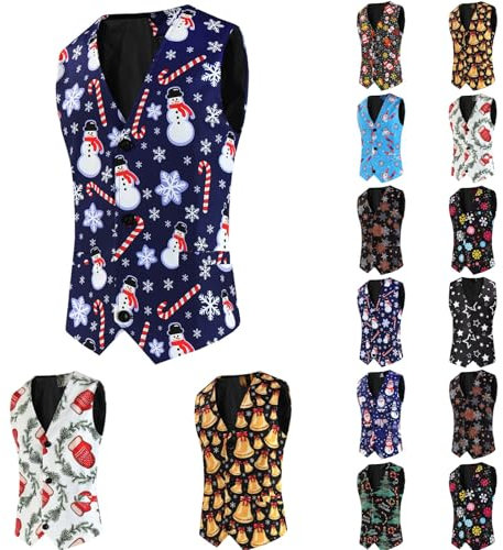 MODSGUE Weihnachtsweste Herren Anzugweste Multi Taschen Weihnachtsbaum Weihnachten Vest Herrenwesten Weihnachten Bedruckte V-Ausschnitt Weste Ärmellose Elegant Mode Tops Party Hochzeit Slim Fit