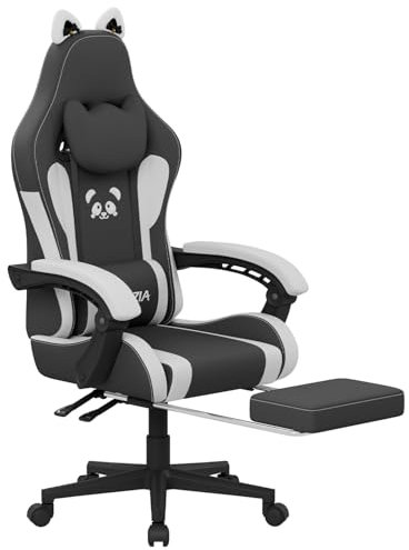 bigzzia Gaming Chair Cute with Cat Ears and Massage Lumbar Support, Ergonomic Computer Chair for Girl with Footrest and Headrest (Black and White)