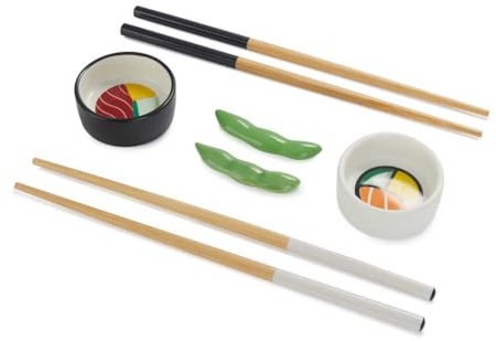 Balvi Set Sushi Oishii Color Blanco/Negro Recipientes para SOYA en Forma de Sushi Rolls con Soporte e