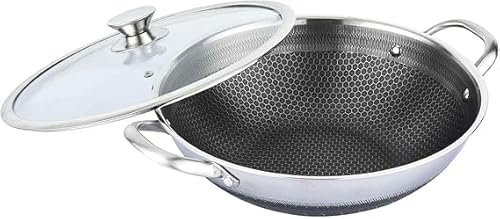 Cheffinger Wok-Pfanne aus Edelstahl mit Glasdeckel, Wabenstruktur, Antihaftbeschichtung, Induktionsgeeignet