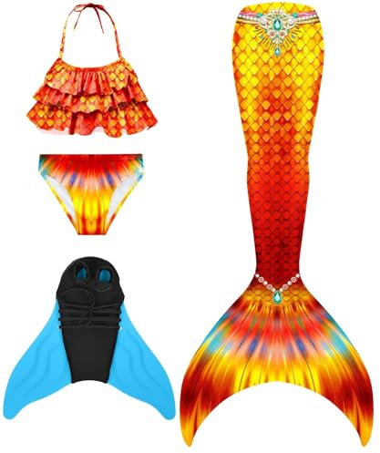 Aotumai Meerjungfrau Schwimmanzug Set mit Flosse, 4-teilig, Glitzerndes Schuppendesign in Blau-Lila, Rüschen-Bikini mit Monoflosse (DE/NL/SE/PL, Numerisch, 110, M5)