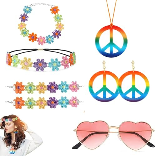 YNR 8 Stücke Hippie Accessoires Damen, Flower Power Accessoires, Hippie Kostüm Set, Hippies Kostüm Damen Zubehör, 60er 70er Jahre Bekleidung