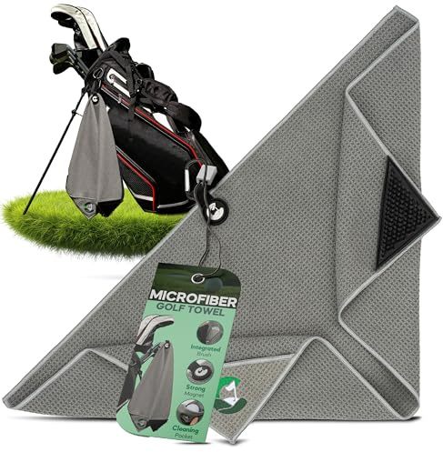 Caddie Up Microfibre Golf Towel with Integrated Brush, Golf Ball Cleaner Pouch Pocket, Strong Magnetic Attachment, and Carabiner Clip - Tour Black, Fairway Green or Storm Grey Towels (Storm Grey)