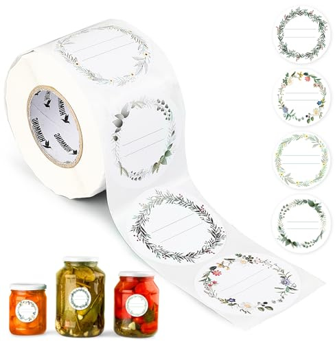 AiQInu 500 Stück Etiketten Selbstklebend, 5 cm Durchmesser Marmeladen Etiketten, Mit 4 Verschiedenen Dekormustern, Aufkleber zum Beschriften für MarmeladengläSer, Geschenktüten, Glasflaschen Usw