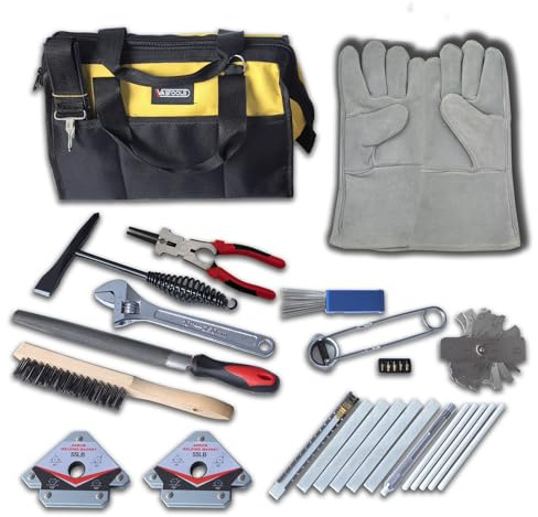 VASTOOLS Welding Accessories,25pc,Chipping Hammer,Leather Gloves,Soapstone Holder,Welding Magnet,Torch Striker,Wire Brush,Fillet Gage,Welpers Pliers,Adjustable Wrench,Half Round File