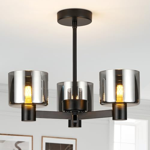 HARPER LIVING 3 Lights Chandeliers Ceiling Light, Matt Black Finish Semi Flush Ceiling Lamp with Smoked Glass Shades, 3xG9 Modern Ceiling Lighting for Living Room Bedroom Kitchen Hallway