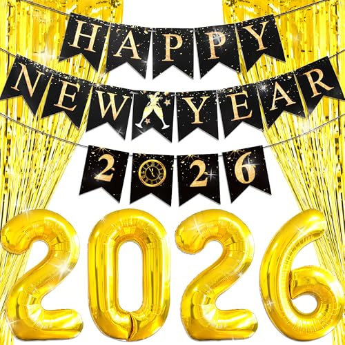 Frohes Neues Jahr Banner Prost auf Ballons Hintergrund Frohes Neues | Frohes Neues Jahr Banner Prost auf 2026 Ballons Hintergrund Frohes Neues Jahr Girlande Flagge Silvester Schild Partyzubehör