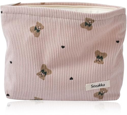 CATOR Trousse de Toilette Voyage,Trousse de Maquillage en Velours Côtelé Tissu,Cosmétiques à Glissière Portable, Sac de Organiseur Cosmétique Sac de Maquillage Femme(Petit ours, couleur rose)