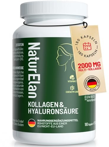 Kollagen Hyaluronsäure Komplex mit CoQ10 & Vitamin C, 180 Premium Kapseln | 2000 mg Kollagenhydrolysat-Peptide Typ I & III mit 400 mg Hyaluronsäure, ohne Magnesiumstearat